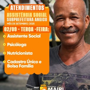 Nesta terça-feira haverá atendimentos da Assistência Social na Subprefeitura de Angico